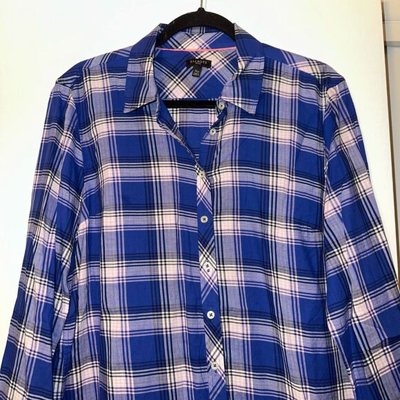 Talbots Petite XLP Collared LS Button Womens Down Shirt Blue Pink Plaid EUC - Picture 2 of 11